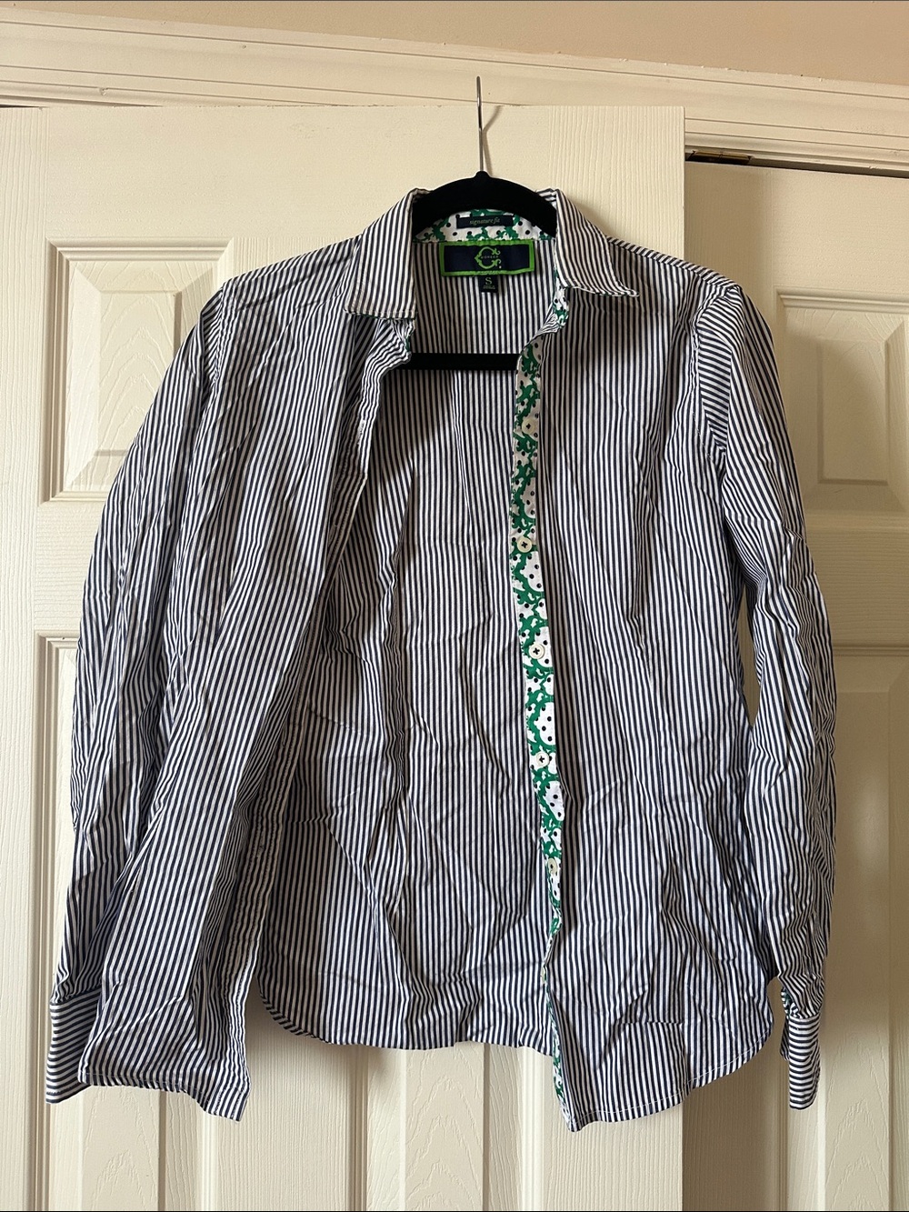 C. Wonder Navy and White Striped Button-Down Shirt with Green Trim